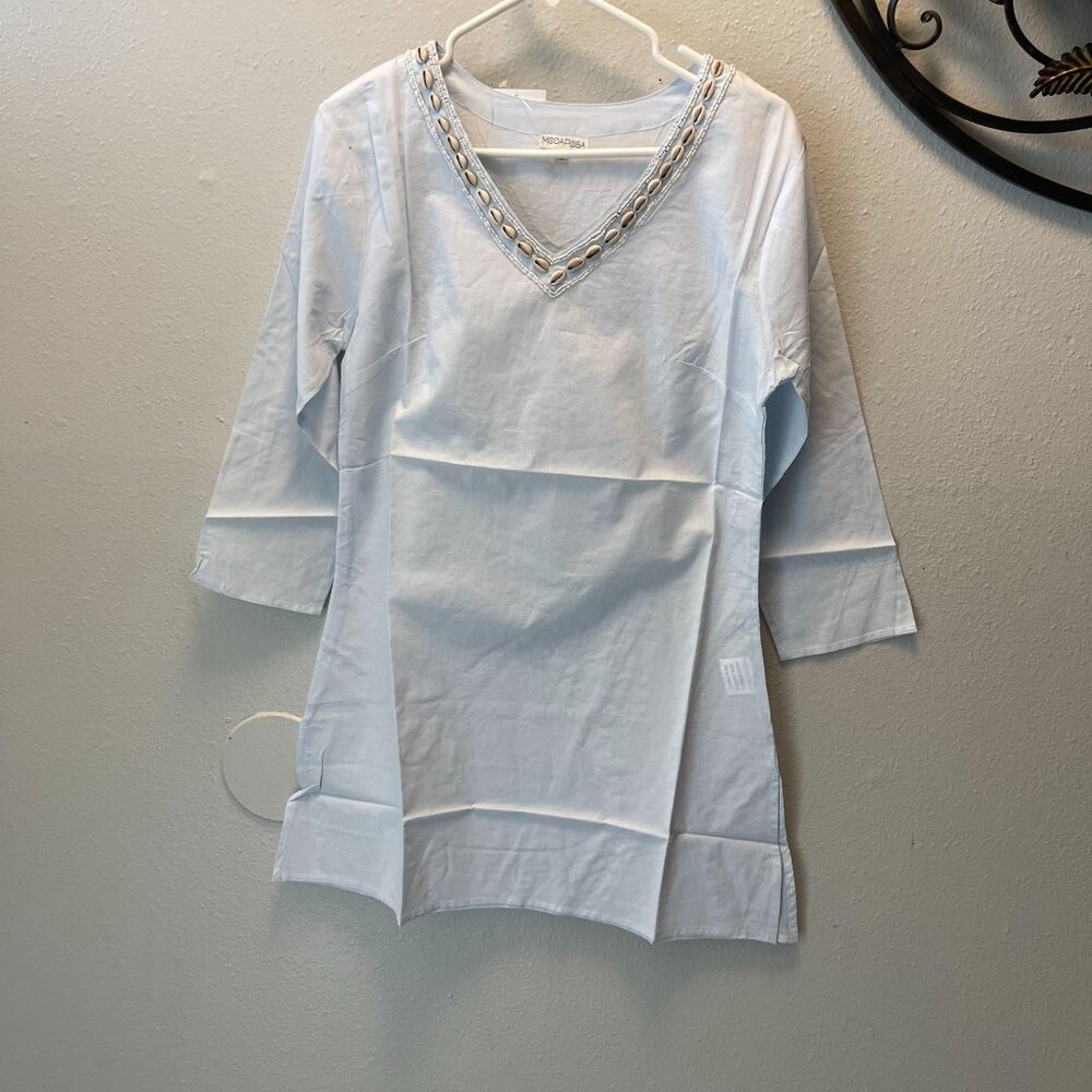 Modaposa Beach Tunic Top w/‎ Cowrie Shells | Light Blue Cotton Summer Cover Up